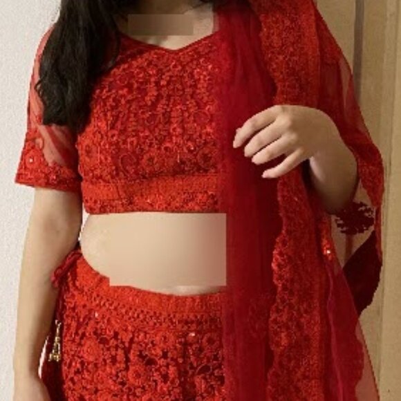 Red net sequin work and dori embroidered lehenga choli with net dupatta - Picture 3 of 3